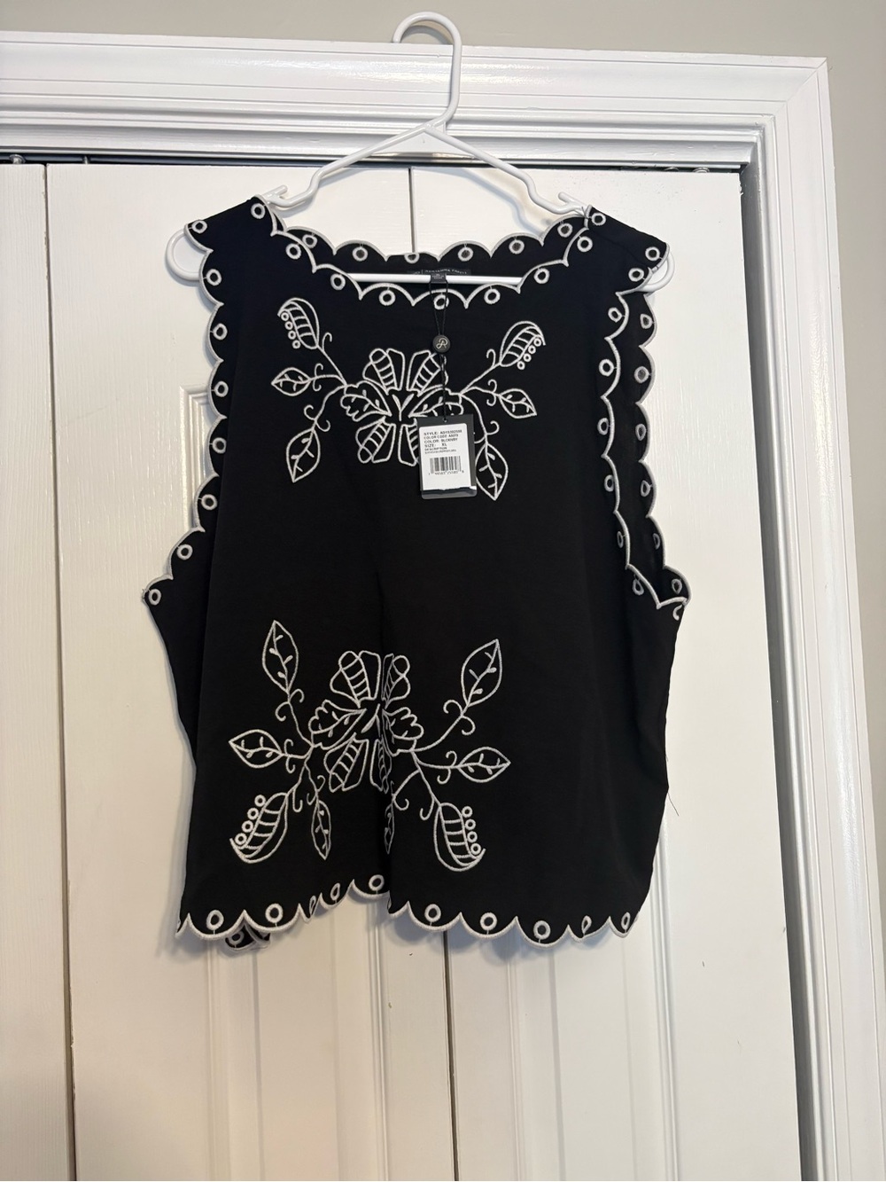 Adrianna Papell Black Tank Top with White Embroidered Floral Scalloped Trim
